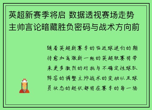 英超新赛季将启 数据透视赛场走势 主帅言论暗藏胜负密码与战术方向前瞻